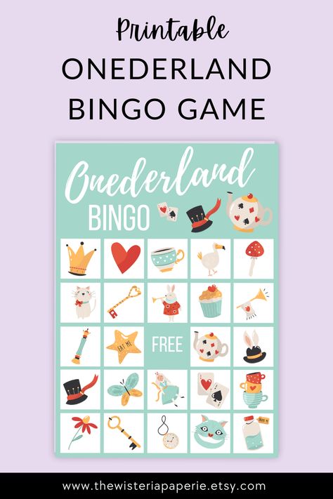 Celebrate a first birthday with our "Onederland BINGO" — an Alice in Wonderland-themed printable game designed especially for first birthday celebrations! With 30 unique cards featuring beloved Wonderland characters, this enchanting game adds a magical touch to your little adventurer's special day. Each card features iconic characters like Alice, White Rabbit, Cheshire Cat and more! #bingo #kidsprintable #aliceinwonderland #onederlandparty #birthdayparty #teaparty #firstbirthday #1stbirthday Alice In Onederland Birthday Party, Bingo Games For Kids, Wonderland Characters, Printable Games For Kids, Onederland Birthday Party, Bingo Cards Printable, Alice In Wonderland Birthday, Down The Rabbit Hole, Bingo Printable