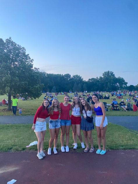 summer fits, friends, cute outfits, park, sunset, fourth of july inspo, america 4th Of July With Friends, Fourth Of July Aesthetic, July Aesthetic, Park Sunset, Friends Cute, Mha Cosplay, And July, Summer Inspo, Summer Fits