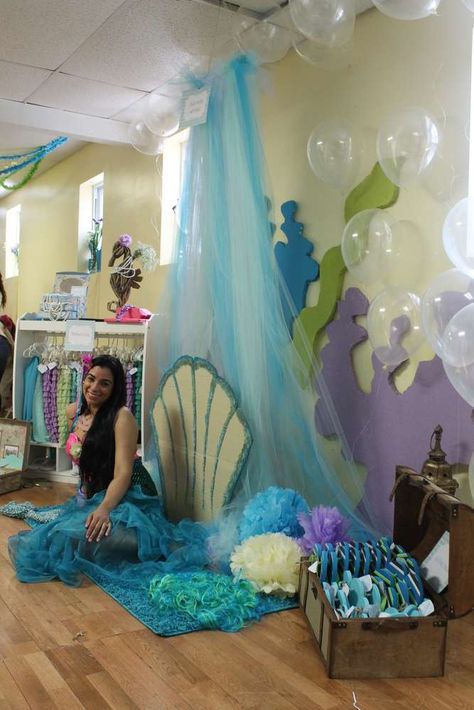 make shell and get tulle for backdrop.  Rug is a good idea Mermaid Dance Party, Mermaid Birthday Party Photo Booth, Dive Into 5 Mermaid Party, Mermaid Lagoon Decorations, Mermaid Birthday Party Wall Decor, Dora Mermaid, Dive Into Five Mermaid Birthday, Ariel Birthday Party, Party Deco