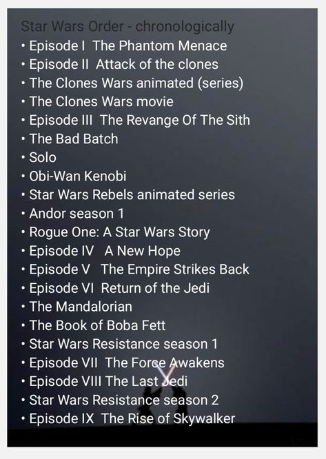 Movies & shows in chronological order Star Wars In Chronological Order, Starwars Chronological Order, Disney Movies In Chronological Order, Star Wars Chronological Order 2023, Star Wars Chronological Order, Star Wars Order To Watch, Star Wars Name Ideas, Star Wars In Order, Star Wars Movies In Order