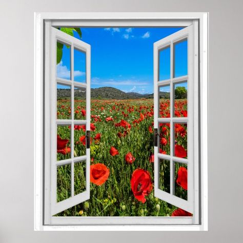 Poppy Field Faux Artificial Window View Poster  Zazzle Window Poster, Deco Panel, Fake Window, Farm Paintings, Faux Window, A Field Of Flowers, Poster Diy, Simple Acrylic, Field Of Flowers