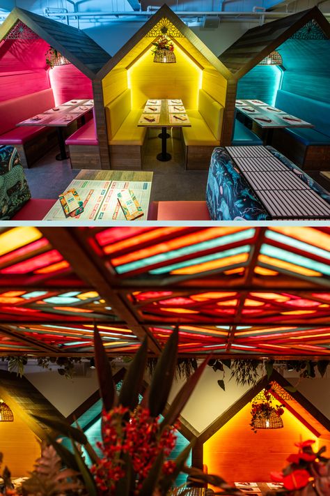 Colourful Indian street food concept interior design restaurant. Colour block dining hut banquettes. Funky interior design ideas for restaurant. Quirky, bold, fun and memorable. Eye catching and instagrammable interior design. Restaurant Creative Design, Bold Restaurant Design, Indian Dhaba Design, Cool Restaurant Design Creative, Basement Restaurant Design, Indian Theme Interior Design, Street Restaurant Design, Dhaba Design Ideas Indian, Funky Bar Design