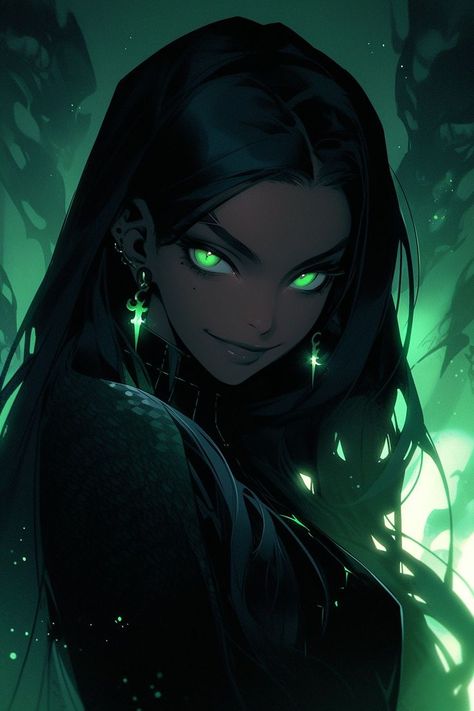 Black Hair Green Eyes Girl, Anime Green Hair, Black Hair Green Eyes, Green Hair Girl, Green Costumes, Female Artwork, Fantasy Witch, Anime Black Hair, Gothic Fantasy Art