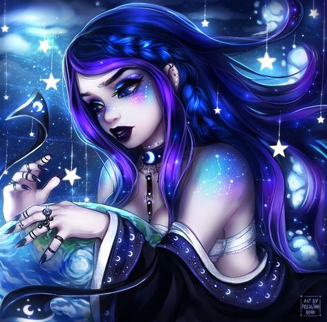 Galaxy Goddess, Macabre Fashion, W.i.t.c.h Fanart, Witch Girl, Fantasy Theme, Purple Art, Egyptian Goddess, Art Prompts, Amazing Art Painting