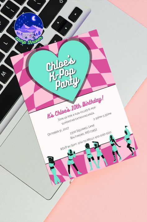 Editable template for an invitation for a K-Pop themed birthday party! Easily edit text to customize the template to make it your own. After editing, download and send as an electronic invite or print at home. K Pop Birthday, Electronic Invitations, Party Invites, Edit Text, Themed Birthday Party, 10th Birthday, Birthday Party Invitation, Editable Template, Canva Template