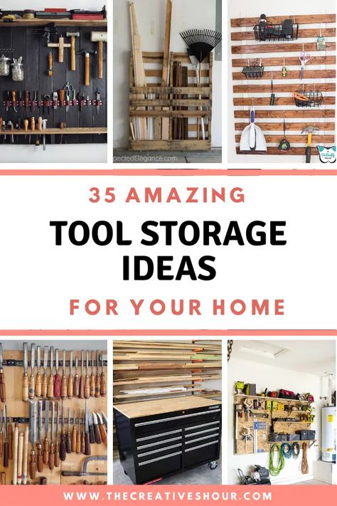 Discover 35 genius tool storage ideas for effortless organization even in the smallest garage. Get ready to transform your space completely. Indoor Tool Storage Ideas, Tool Wall Storage Ideas, Workshop Tool Storage Ideas, Tool Storage Ideas Small Spaces, Tool Closet Organization, Tool Organization Ideas, Tool Shed Organizing, Tool Storage Ideas, Tool Organization Diy