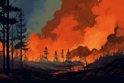 Forest fire mountain outdoors. | free image by rawpixel.com / supawadee wichai Mountains Landscape Drawing, Burning Forest Illustration, Illustrator Landscape Vector, Burning Forest Art, Forest On Fire Drawing, Forest Fire Poster, Burning Forest Drawing, Pine Forest Illustration, Forest Fire Background