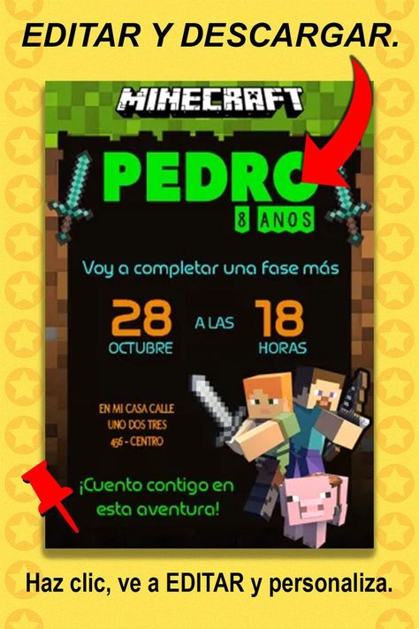 Descarga esta hermosa invitación digital, Minecraft y envíala por WhatsApp, Instagram, Facebook o incluso imprímela. ➡️ SIGUE EL PERFIL. Minecraft Birthday Invitations, Minecraft Birthday, House Address, Send It, Digital Invitation, Digital Invitations, Birthday Invitations, Minecraft, Birthday