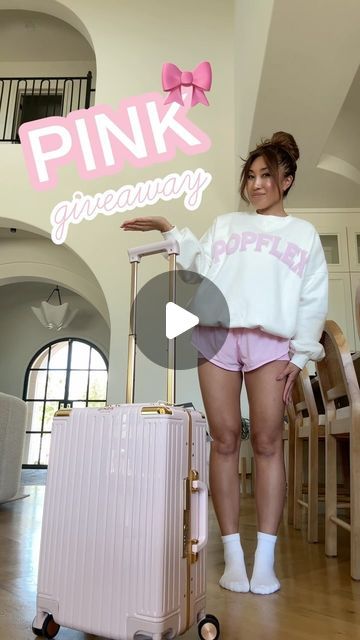 Cassey Ho on Instagram: "Happy pink 🎀giveaway gift🎀! One lucky winner will get this luggage and everything inside of it…  I wanted to spoil you with a carryon filled with my most viral @popflex_active designs all in the sweetest color…pink.  💕All you have to do is follow me and like this video!💕  Every comment is an extra entry and you can comment as much as you like from now til Sun June 30 when I’ll select the winner.   Here’s what you’ll win:  1. Heavy duty carryon luggage 2. @popflex_active patented pirouette skort 3. @popflex_active patented pirouette dress 4. @popflex_active cloud crewneck sweater 5. @popflex_active cloud zip hoodie 6. @popflex_active plié crop bralette 7. @popflex_active corset bra 8. @popflex_active low rise supershorts 9. @popflex_active corset cami 10. @popfl Pirouette Skort, Popflex Active, Carryon Luggage, Cassey Ho, Active Design, Giveaway Gifts, Corset Bra, Spoil Yourself, June 30