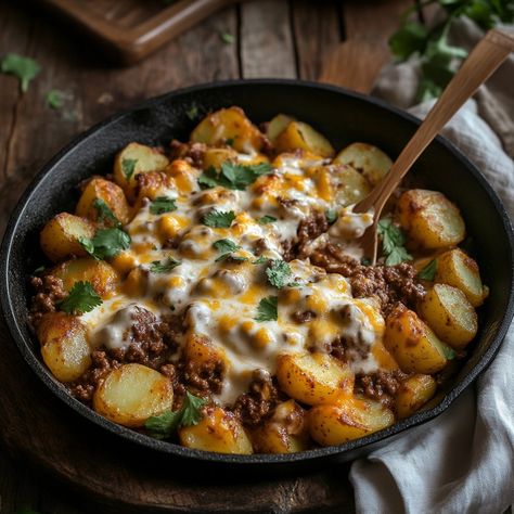 Cheesy Skillet Beef and Potatoes: A Hearty, One-Pan Comfort Dish - Greenku Recipes Cast Iron Skillet Recipes Beef, Chicken Potato Skillet Recipes, Steak And Potato Bowl, Easy Ground Beef And Potato Recipes, Beef Potato Skillet, Potato And Ground Beef Recipes, Ground Beef Breakfast Recipes, Ground Beef Skillet Recipes, Beef And Potato Skillet