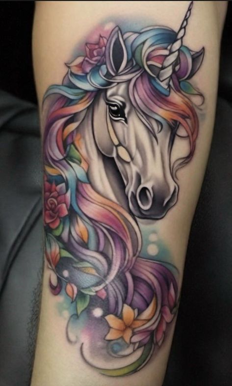 Unicorn Leg Tattoo, Colorful Unicorn Tattoo, Unicorn Back Tattoo, Flower Unicorn, Unicorn Sleeve Tattoo, Realistic Unicorn Tattoo, Unicorn Tattoos For Women, Tattoo Unicorn, Unicorn Tattoo Ideas