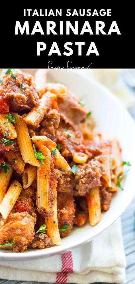 Sausage Marinara Pasta, Italian Sausage Marinara, Marinara Pasta, Sausage Marinara, Spicy Italian Sausage, Italian Sausage Pasta, One Pot Pasta Recipes, Sausage Pasta, Canned Tomato Sauce