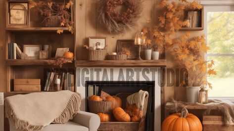 Home Office Bookshelf, Background For Zoom, Office Bookshelf, Office Bookshelves, Fall Room, Thanksgiving Background, Zoom Background, Office Background, Autumn Background