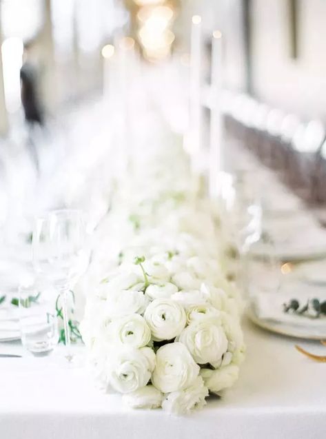 Floral Table Runner Wedding, Ranunculus Centerpiece, Modern Glam Wedding, Ranunculus Wedding, Table Runner Wedding, Enchanting Wedding, White Ranunculus, White Gardenia, Tiny White Flowers