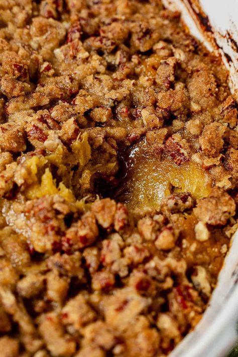 Acorn Squash Casserole with Brown Butter Pecan Topping Thanksgiving Meals Without Turkey, Acorn Squash Casserole, Pecan Crumble, Roasted Acorn Squash, Pecan Topping, Butternut Squash Ravioli, Acorn Squash Recipes, Spiced Pecans, Healthy Baking Recipes