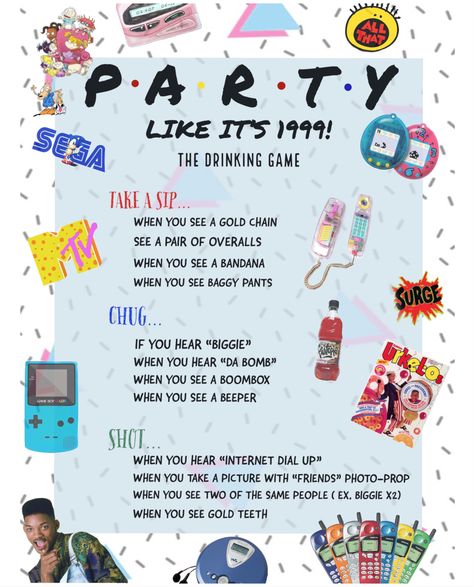 90s Drinking Games, 90s Party Drinks, 90s New Years Eve Party, 1999 Party Theme, Party Like Its 1999 Theme, 90s Games Party Ideas, 90s Candy Bar Party Ideas, 90s Food Party Ideas, 90s Snacks Party