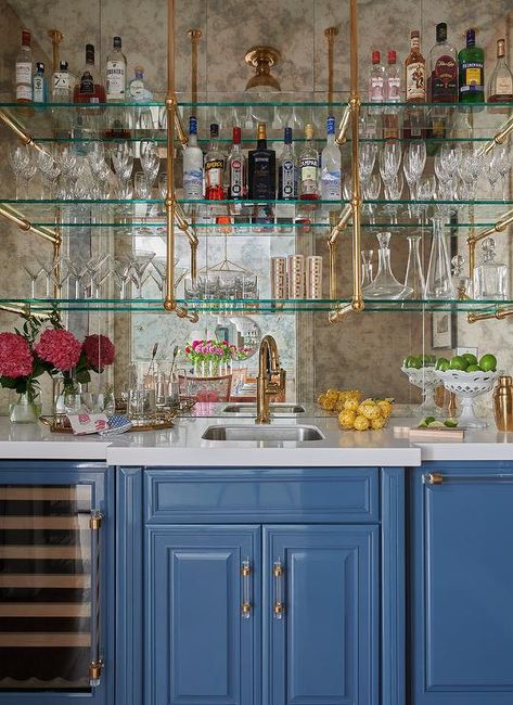 Glass and Brass French Wet Bar Shelves on Antiqued Mirrored Backsplash - Transitional - Dining Room Backsplash Coffee Bar, Mirror Backsplash Bar, Glass Bar Shelves, Antique Mirror Backsplash, Mirrored Backsplash, Brass Shelving, Antique Brass Faucet, Home Wet Bar, Home Bar Areas