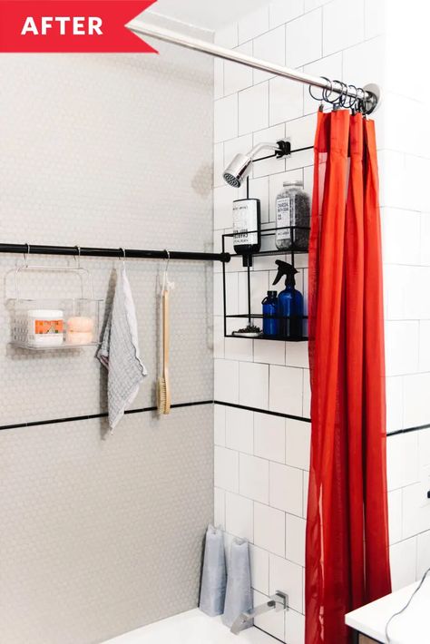 Try This Easy Tension Rod Shower Storage Solution | Apartment Therapy Shower Storage Solutions, Front Hall Closet, Shower Pole, Pro Organizer, Old Apartments, Shower Storage, Small Studio Apartment, Organisation Hacks, Apartment Organization