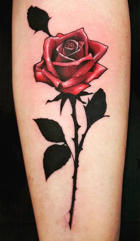 Feed Your Ink Addiction With 50 Of The Most Beautiful Rose Tattoo Designs For Men And Women - KickAss Things|#tattoo #handtattoo #tattoos #rosetattoo #tattoorose 345 Rose With Torn Tattoo, Color Rose Tattoo Design, Red Rose Tattoo Men, Red And Black Rose Tattoo, Rose Tattoo Red, Red Rose Tattoo Design, Red Roses Tattoo, Rose Tattoo Stencil, Flores Tattoo