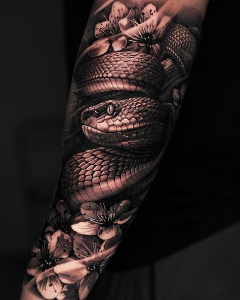 Tattoo Snake Sleeve, Snake Tattoo Sleeve Men, Snake Arm Tattoo For Men, Sneak Tattoo Design, Snake Bicep Tattoo, Realism Snake Tattoo, Negative Shading Tattoo, Snake Tattoo Men, Tattoo Background Filler Shading