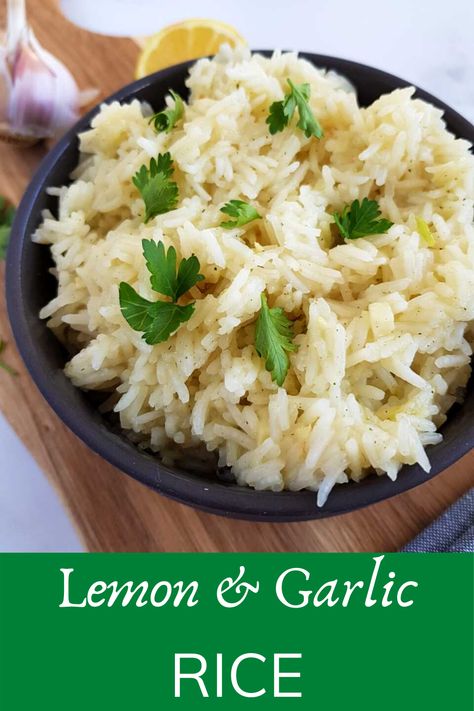 Lemon and Garlic Rice is an easy and tasty alternative to plain white rice. It's very easy to make, and tastes perfect with Mediterranean flavours! #rice #lemon #ginger #easy #mealprep #vegan #vegetarian #plantbased #diet #weightloss #sidedish #tasty #healthy #mediterranean #wholesome #flavour #cheap #quick #kidfriendly Honey Roasted Parsnips, Garlic Rice Recipes, Greek Lemon Rice Soup, Honey Mustard Pork Chops, Oven Roasted Green Beans, Greek Lemon Rice, Neuer Wallpaper, Greek Lemon Chicken Soup, White Rice Recipes