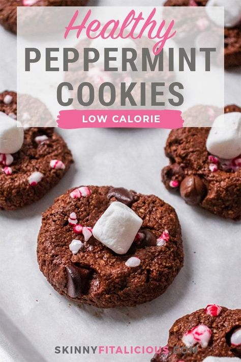 Healthy Peppermint Hot Chocolate Cookies are low calorie and gluten free. Made gooey on the inside, these lighter holiday cookies are easy! Healthy Peppermint Desserts, Low Fat Christmas Cookies, Low Cal Christmas Cookies, Low Cal Christmas Treats, Low Calorie Christmas Treats, Low Calorie Christmas Desserts, Low Calorie Christmas Cookies, Low Calorie Christmas, Healthy Chocolate Cookies