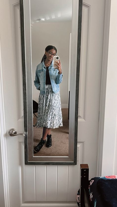 jean jacket, black shirt, midi skirt, combat boots, neutrals, fall church outfit Jean Jacket Outfits Modest, Modest Jean Jacket Outfits, Skirt Combat Boots, Fall Church Outfit, Winter Church Outfits, Modest Jeans, Simple Everyday Outfits, Church Outfit Fall, Church Outfit Winter