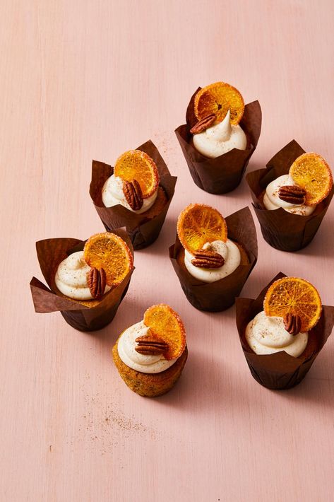 Pecan Cupcakes With Spiced Vanilla Frostinggoodhousemag Simple Fall Desserts, Brown Sugar Pecan Pie, Fall Cupcakes Recipes, Easy Fall Desserts, Pecan Cupcakes, Vanilla Frosting Recipes, Cottage Bakery, Candied Orange Slices, Sugared Pecans