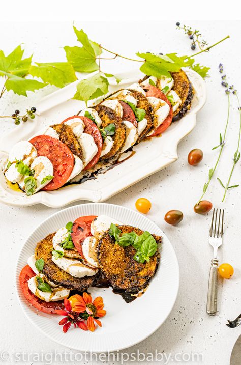 Panko Eggplant, Best Caprese Salad, Vegetarian Eggplant Recipes, Eggplant Caprese, Aubergine Recipe, Tomato And Mozzarella, Crispy Eggplant, Deep Fried Appetizers, Caprese Salad Recipe