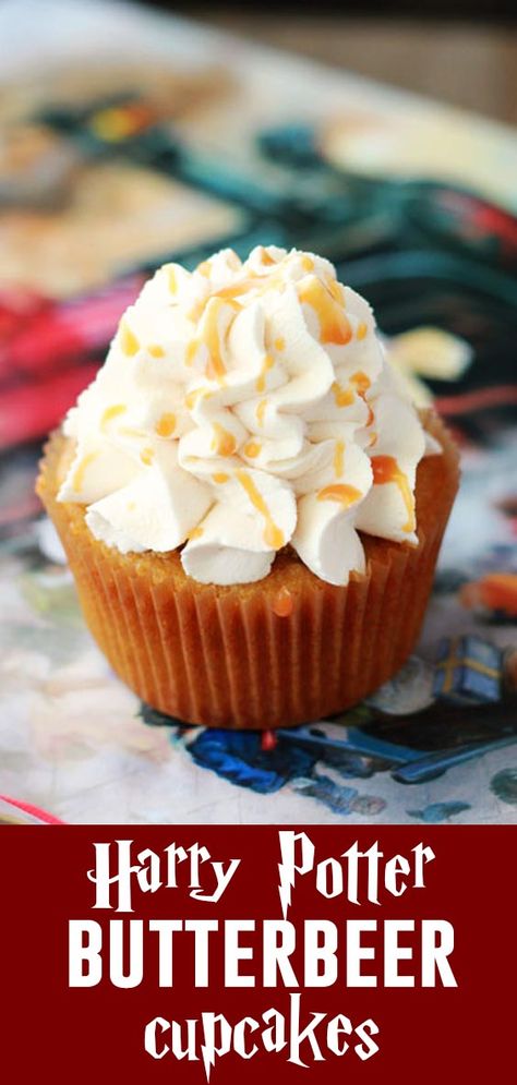 These Harry Potter inspired Butterbeer Cupcakes are the BEST! A rich butterscotch cupcake topped with sweetened whipped cream makes these perfect for any witch or wizard! #harrypotter #harrypotterrecipe #wizard #wizardrecipe #butterbeer #butterbeerrecipe #cupcake #cupcakes #cake #dessert #cakerecipe #recipe #easyrecipe Butter Beer Cupcakes Recipe, Butterbeer Cupcakes Recipe, Butter Beer Cupcakes, Georgia Recipes, Butterscotch Cupcakes, Cat Baking, Butterbeer Cupcakes, Fictional Food, Cupcakes Amor