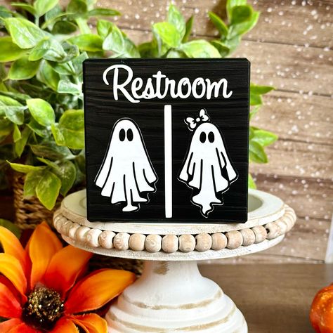 Simple Halloween Bathroom Decor, Halloween Theme Bathroom, Halloween Party Signs Diy, Funny Fall Bathroom Signs, Halloween Bathroom Sign, Ghost Bathroom Decor, Halloween Bathroom Ideas, Halloween Restroom Sign, Bathroom Tiered Tray Decor