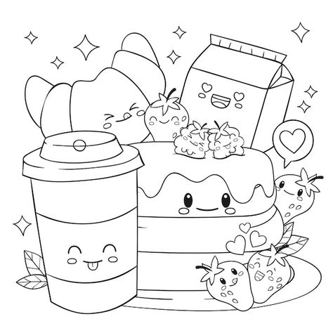 Hand drawn kawaii coloring book illustra... | Premium Vector #Freepik #vector #minimal-illustration #line-art #hand-drawn-illustration #cute-drawing Food Coloring Sheets, Doodles Kawaii, Art Outline, Minimal Illustration, Manga Coloring Book, Food Coloring Pages, Cartoon Coloring Pages, Disney Coloring Pages, Cool Coloring Pages