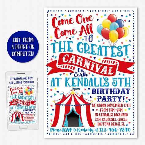 Carnival Birthday Invitation Editable Carnival Invitation | Etsy Carnival Birthday Party Invite, Carnival Theme Invite, Carnival Theme Birthday Invite, Circus Theme Invitations 1st Birthdays, Carnival Ticket Invitation, Carnival Birthday Party Invitations, Carnival Invitation Template, Kendall Birthday, Circus Birthday Invitations