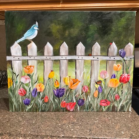 Picket Fence Painting, White Fence Garden, White Garden Fence, Michelle The Painter, Blue Pics, Fence Painting, Outdoor Painting, Fence Garden, White Fence