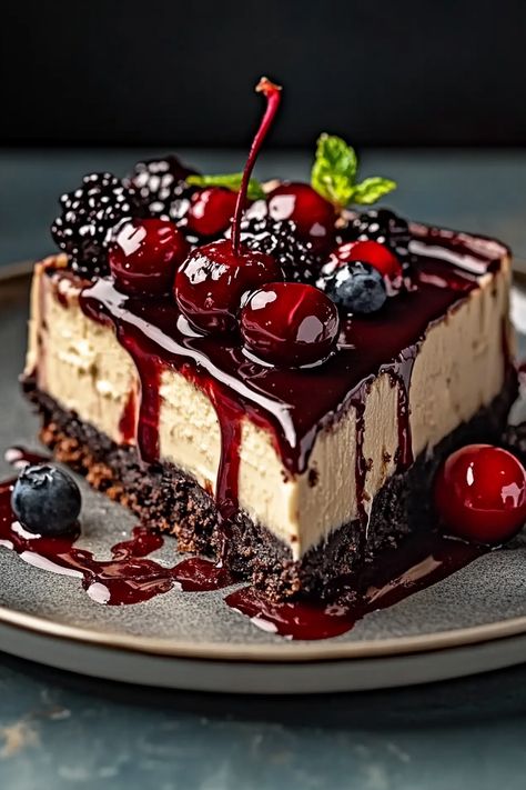 Black Forest Cheesecake Delight Black Forest Cheesecake Symphony, Blackforest Cheesecake Recipes, Fancy Cheesecakes, Cherry Topping For Cheesecake, Cheesecake Delight, German Dessert, Decadent Cheesecake, Black Forest Cheesecake, Chocolate Cherries