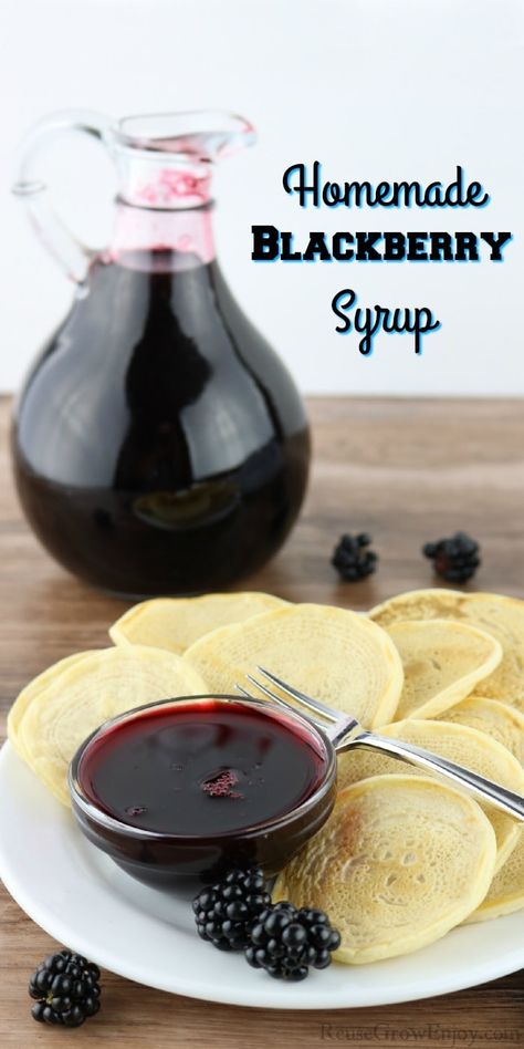 This homemade blackberry syrup is such a great way to use up fresh blackberries. It is good on so much more than just breakfast items. Homemade Blackberry Syrup, How To Make Blackberry Syrup, Blackberry Syrup Pancakes, Blackberry Pancake Syrup, Blackberry Syrup Recipe Canning, Fresh Blackberry Recipes, Blackberry Syrup Recipe, Blackberry Dessert Recipes, Blackberry Dessert