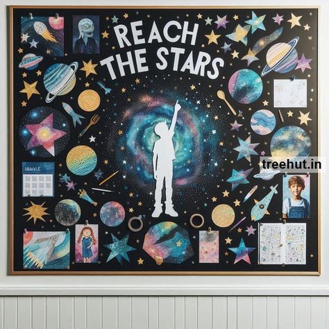 These galaxy-themed bulletin board ideas and activities will create an exciting and engaging environment for elementary school students, making their return to school a stellar experience. Galaxy Classroom Theme Bulletin Boards, Universe Bulletin Board, Constellation Bulletin Board, Science Board Decoration Ideas, Space Theme Bulletin Boards, Galaxy Bulletin Board, Space Bulletin Board Ideas, Star Bulletin Boards, Space Bulletin Boards