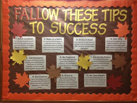 My November bulletin board on academics! I made it fall themed since we are in Florida and we don't really get much of a fall season. I also enjoy using puns. - RA life Academic Bulletin Boards, Dorm Bulletin Boards, Res Life Bulletin Boards, Ra Inspiration, Resident Assistant Bulletin Boards, October Bulletin Boards, November Bulletin Boards, College Bulletin Boards, Thanksgiving Bulletin Boards