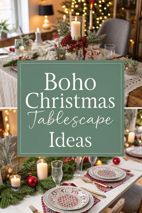 🌺 Add a touch of bohemian flair to your holidays with a boho Christmas tablescape! 🎄 Mix and match patterns, vibrant colors, and textured elements. 🌿 Incorporate macrame, tassels, and natural accents for an eclectic look. ✨ Create a relaxed and artistic atmosphere for your festive gatherings! 🎁 Unique Christmas Tablescapes, Christmas Tablescapes Simple, Eclectic Table Settings, Tablescapes Simple, Macrame Tassels, Eclectic Table, Tablescape Ideas, Christmas Tablescape, White Table Cloth