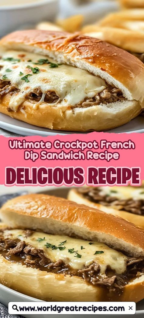 Dive into the rich flavors of this Ultimate Crockpot French Dip Sandwich Recipe. With tender beef chuck roast slow-cooked in savory beef broth and seasoned with onion soup mix and Worcestershire sauce, each bite is a flavor explosion. Perfect for busy weeknights or hosting a gathering, these sandwiches are customizable with toppings like melted cheese and sautéed onions. Serve with a side of warm au jus for dipping, and watch your family and friends rave about this easy and delicious recipe. Best French Dip Sandwich Crockpot, Easy Au Jus Recipe, Crockpot French Dip, French Dip Recipe, Roast Beef Au Jus, French Dip Sandwich Recipe, French Dip Au Jus, French Dip Sandwich Crockpot, French Dip Recipes