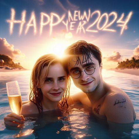 Harry Potter and Hermione celebrating Happy New Year 2024 on beach Harry Potter And Hermione, Harry And Hermione, Happy New Year 2024, On Beach, Year 2024, Movie Characters, Hermione, Titanic, Happy New