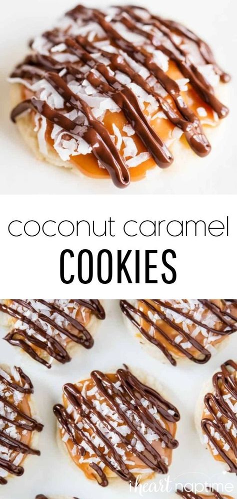 Buttery shortbread cookies topped with layers of gooey caramel, sweetened coconut and a chocolate drizzle. Every bite of these coconut caramel cookies is bursting with flavor! #coconut #coconutcookies #caramel #chocolate #caramelcookies #cookies #cookierecipes #desserts #baking #recipes #iheartnaptime Coconut Caramel Cookies, Fudge Cookie Recipe, Dutch Cookies, Chocolate Dipped Cookies, Gooey Caramel, Caramel Bits, Buttery Shortbread Cookies, Buttery Shortbread, I Heart Naptime