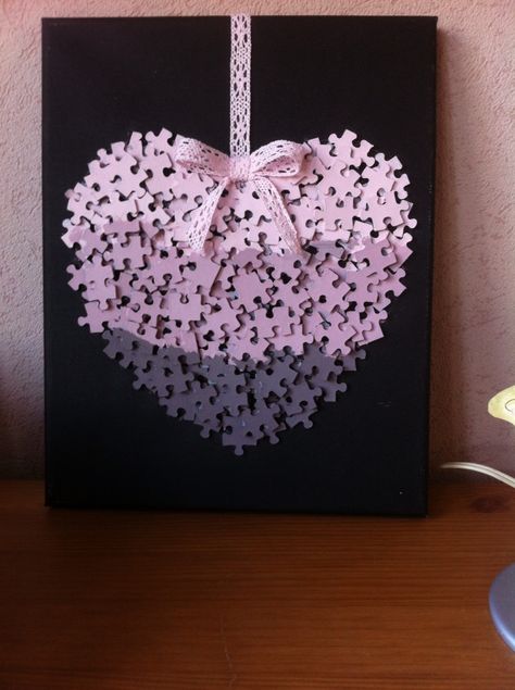 Pink Puzzle heart. Recycle & paint puzzle pieces pink, glue onto cardboard background, hang from satin ribbon. Puzzle Piece Heart Craft, Puzzle Piece Quote Inspirational, Puzzle Heart Craft, Jigsaw Puzzle Art Ideas, Crafts With Puzzle Pieces, Jigsaw Crafts, Cardboard Background, Puzzle Piece Art, Puzzle Piece Crafts