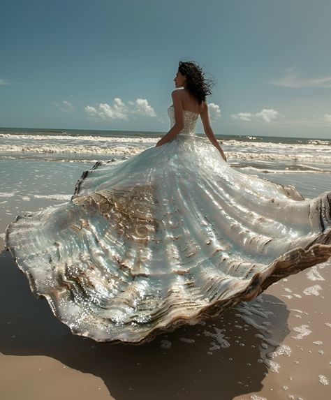 Ocean Woman Aesthetic, Sea Themed Wedding Dress, Water In Fashion, Sea Moodboard Fashion, Sea Life Inspired Fashion, Sea Dress The Beach, Ocean Inspired Dress Gowns, Ocean Wedding Dress, Ocean Inspired Dress