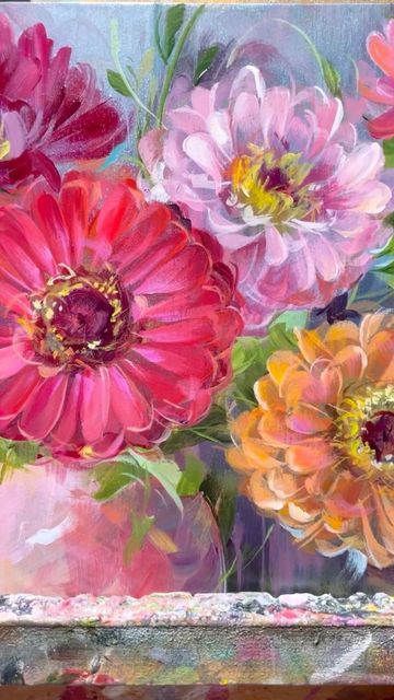 Zinnia Acrylic Painting, Acrylic Zinnia Paintings, Acrylic Painting Zinnias, Paintings Of Zinnias, Zinnia Flower Painting, How To Paint Zinnias Acrylic, Painted Zinnias, Painting Zinnias, Zinnias Painting