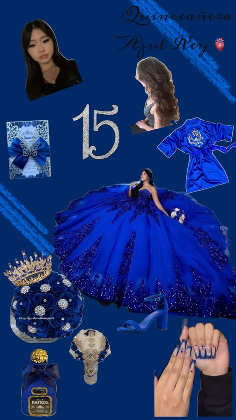 Azul Rey Blue And Gold Quince, Royal Blue And Gold Quince, 15 Themes Quinceanera, Royal Blue Quince, Royal Blue Quinceanera, Royal Blue Outfits, Gold Quince, Blue Quince, Blue Outfits