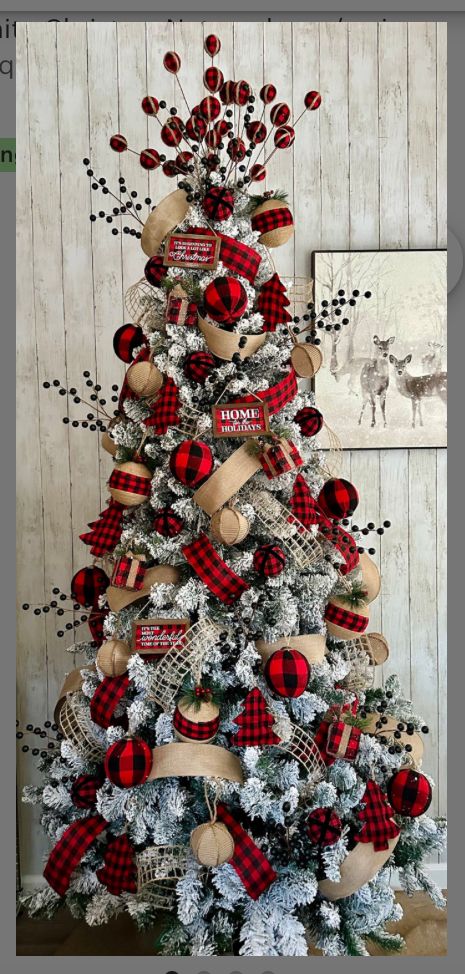 Farm House Christmas Tree Themes, Black And Red Checkered Christmas Decor, Lodge Themed Christmas Tree, Farmhouse Themed Christmas Tree, Red And White Buffalo Check Christmas, Buffalo Plaid Tree Christmas Decor, Farmhouse Red Christmas Tree, Red And Silver Flocked Christmas Tree, Boho Style Christmas Decor