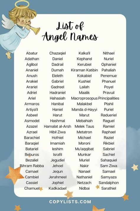 a list of Angel name with a cartoon little boy angel blowing a trumpet Angel Names List, Angel Names, Names Of Angels, Archangels Names, Order Of Angels, Different Religions, Boy Girl Names, Writing Inspiration Tips, Best Character Names