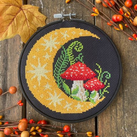 Cross Stitch On Black Fabric, Cross Stitch Art Pattern, Witchy Stitcher, Boho Cross Stitch Pattern, Witchy Cross Stitch, Spooky Cross Stitch, Pagan Cross Stitch, Gothic Cross Stitch, Moon Cross Stitch