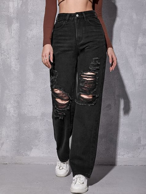 Black Ripped Jeans Outfit, High Waist Ripped Jeans, Baggy Outfit Ideas, Ripped High Waisted Jeans, Silly Clothes, Ripped Jeans Women, Outfits Con Jeans, Ripped Jeans Outfit, Ripped Pants